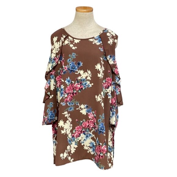 ODDY Dress Cold Shoulder Midi Shift Brown Floral Size 3X - Picture 1 of 15